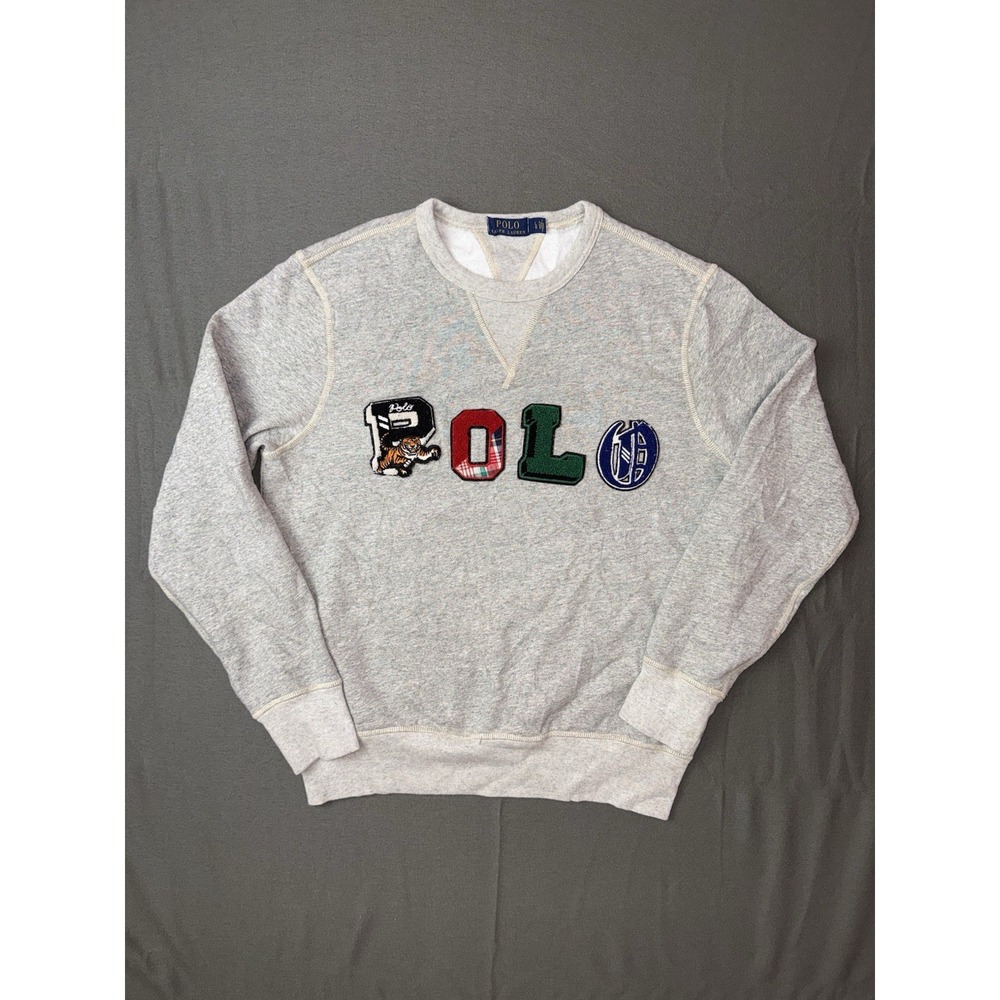 Polo Ralph Lauren Mens Large Gray Patchwork Spell Out Logo Crewneck Sweatshirt